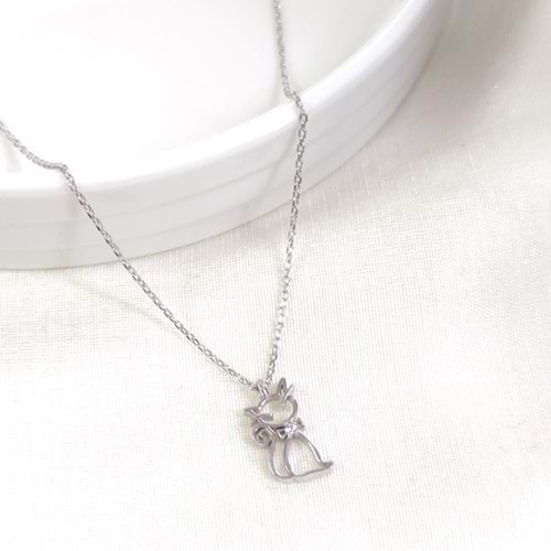 7X15 MM KEDİ GÜMÜŞ KOLYE 40+5 CM