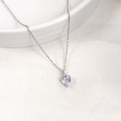 7 MM TEK TAŞ KALP GÜMÜŞ KOLYE 40+5 CM - RODYUM BEYAZ