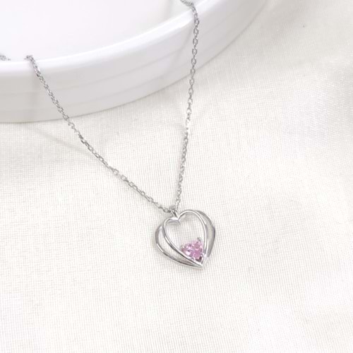 12 MM PEMBE KALP GÜMÜŞ KOLYE 40+5 CM