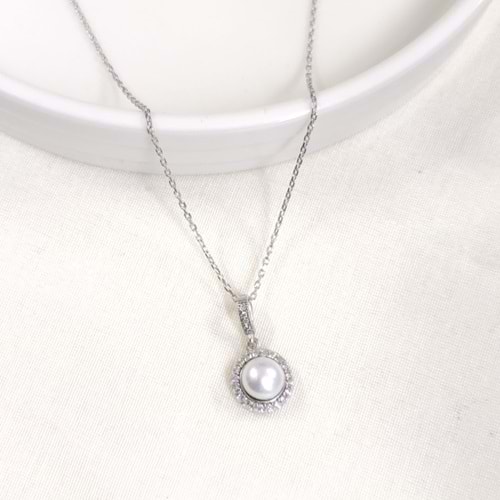 12 MM İNCİ GÜMÜŞ KOLYE 40+5 CM - RODYUM BEYAZ