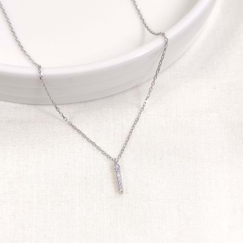 1 CM TAŞLI İ HARF GÜMÜŞ KOLYE 40+5 CM - RODYUM BEYAZ