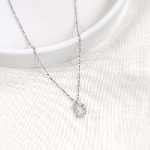 1 CM TAŞLI D HARF GÜMÜŞ KOLYE 40+5 CM - RODYUM BEYAZ