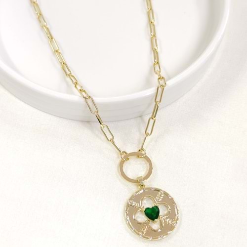 FULLYX YEŞİL TAŞLI PLAKA YONCA KOLYE 52+5 CM - ALTIN SARI