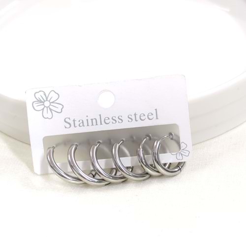 ÇELİK BOMBELİ KOMBİN HALKA KÜPE SETİ - BEYAZ