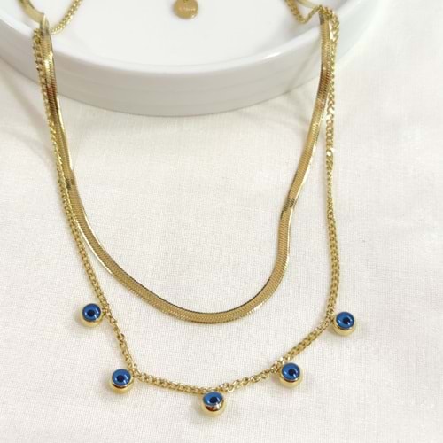 ÇELİK NAZAR BONCUKLU YASSI KOMBİN İKİLİ KOLYE