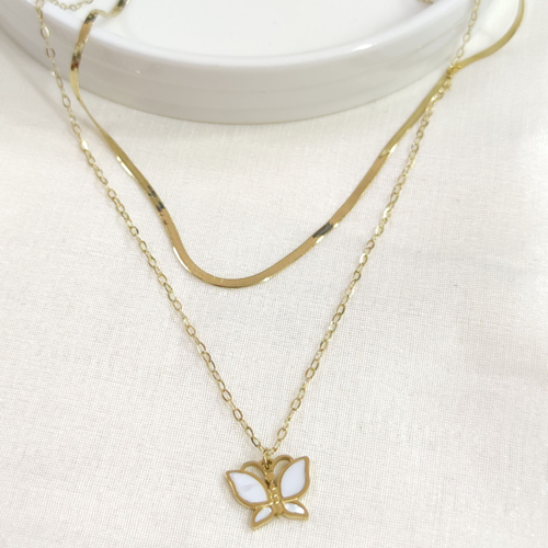 ÇELİK YASSI ZİNCİRLİ SEDEF KELEBEK KOMBİN İKİLİ KOLYE