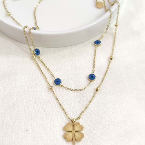 ÇELİK NAZAR BONCUKLU YONCA KOMBİN İKİLİ KOLYE