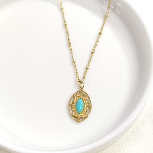 ÇELİK TURKUAZ TAŞLI MEKİK KOLYE 40+5 CM