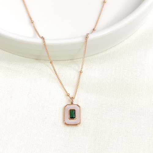 İTHAL SEDEF YEŞİL TAŞLI TOP ZİNCİRLİ GÜMÜŞ KOLYE 40+5CM