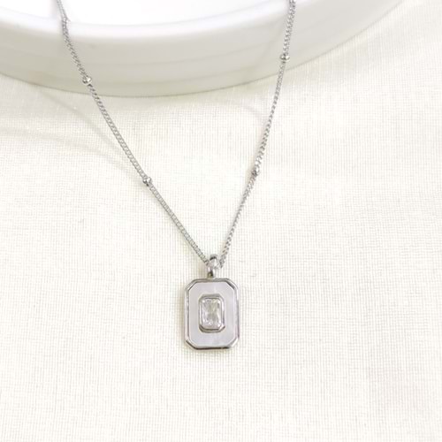 İTHAL SEDEF BEYAZ TAŞLI GÜMÜŞ KOLYE 40+5CM