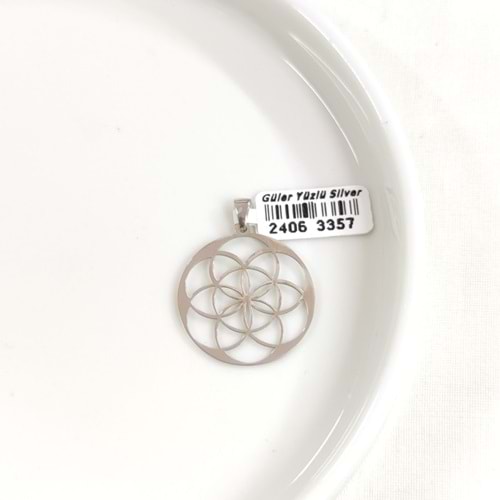 ÇİÇEK MOTİFLİ PLAKA GÜMÜŞ KOLYE UCU 25MM