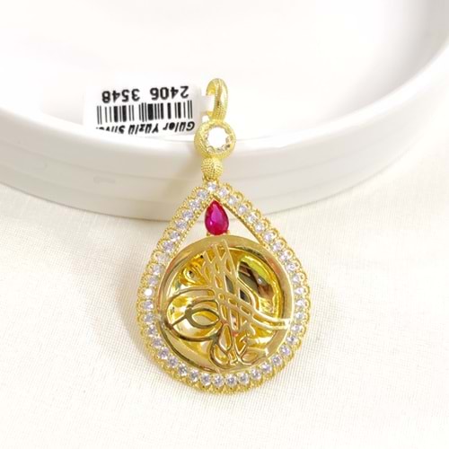 FUŞYA TAŞLI BÜYÜK TUĞRA GÜMÜŞ KOLYE UCU 30x55MM