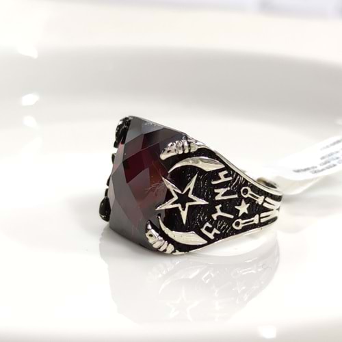 TÜRK YAZILI KIRMIZI TAŞLI AY YILDIZ GÜMÜŞ ERKEK YÜZÜK