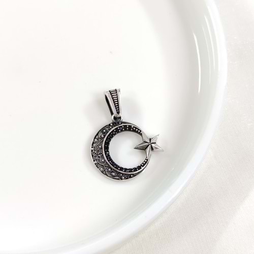 OKSİTLİ AY YILDIZ GÜMÜŞ KOLYE UCU 2 CM