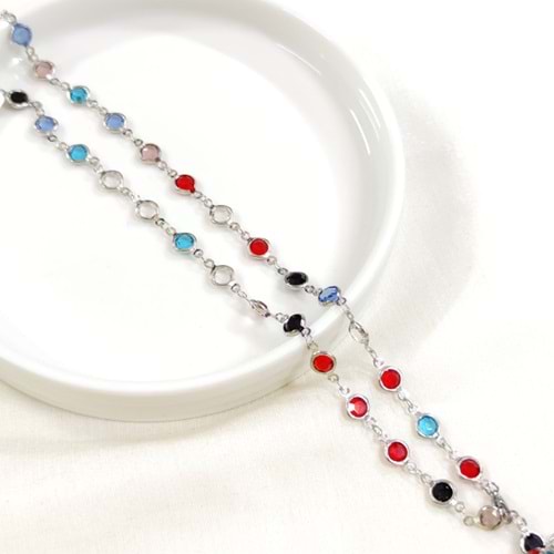 ÇELİK RENKLİ YUVARLAK TAŞLI Y KOLYE ZİNCİR GOLD 70 CM - BEYAZ