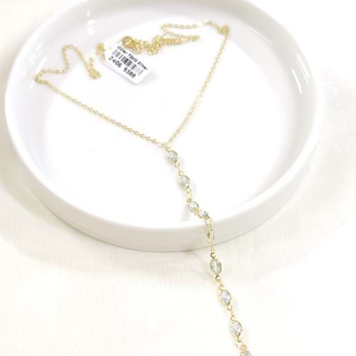 ÇELİK OVAL TAŞLI Y KOLYE ZİNCİR GOLD 40+5 CM