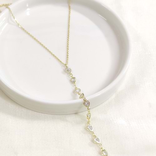 ÇELİK KALP TAŞLI Y KOLYE ZİNCİR GOLD 40+5 CM