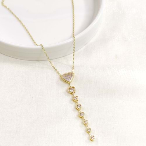 ÇELİK KALP TAŞLI Y KOLYE ZİNCİR GOLD 40+5 CM