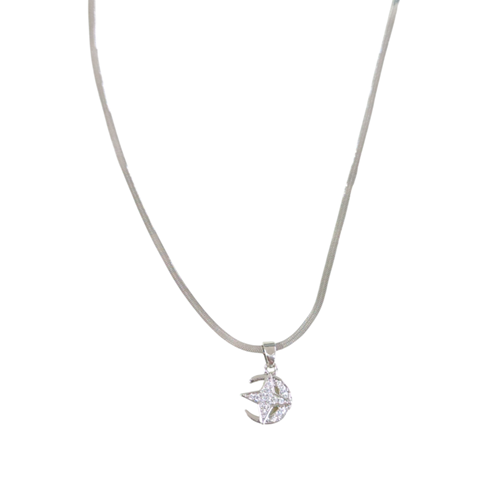 ÇELİK 12 MM AY YILDIZ YASSI ZİNCİRLİ KOLYE 40+5 CM BEYAZ