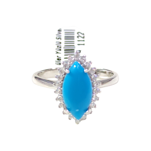 17 MM MEKİK TURKUAZ ZİRKON TAŞLI GÜMÜŞ YÜZÜK