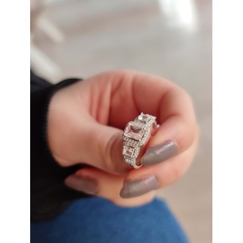 İTHAL PEMBE TAŞLI GÜMÜŞ YÜZÜK - RODYUM KAPLAMA - 17