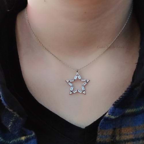 İÇİ BOŞ BAGET TAŞ YILDIZ GÜMÜŞ KOLYE - RODYUM KAPLAMA