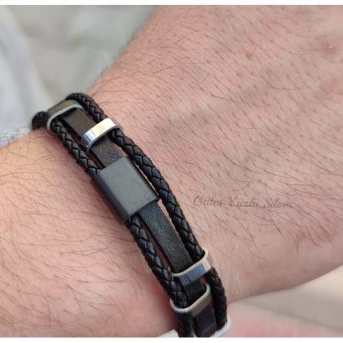 ÜÇ SIRA KİLİTLİ DERİ ÇELİK ERKEK BİLEKLİK - RODYUM KAPLAMA (BEYAZ)