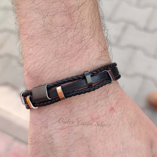 ÜÇ SIRA KİLİTLİ DERİ ÇELİK ERKEK BİLEKLİK - ROSE ALTIN KAPLAMA (BAKIR)