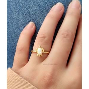 BEYAZ OPAL AYARLANABİLİR KAPLUMBAĞA GÜMÜŞ YÜZÜK - ALTIN KAPLAMA (SARI)