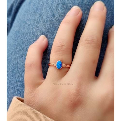 MİNİ MAVİ OPAL AYARLANABİLİR GÜMÜŞ YÜZÜK - ROSE ALTIN KAPLAMA (BAKIR)