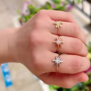 İTHAL TAŞLI KAR TANESİ İNCE GÜMÜŞ YÜZÜK - ALTIN KAPLAMA (SARI) - 12