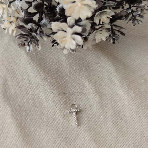 İTHAL TAŞLI HARF ( KOLYE KÜPE BİLEKLİK UCU) - RODYUM KAPLAMA (BEYAZ) - T HARFİ