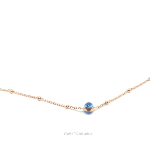 CAM GÖZ NAZAR TOP GÜMÜŞ KOLYE - ROSE ALTIN KAPLAMA (BAKIR)