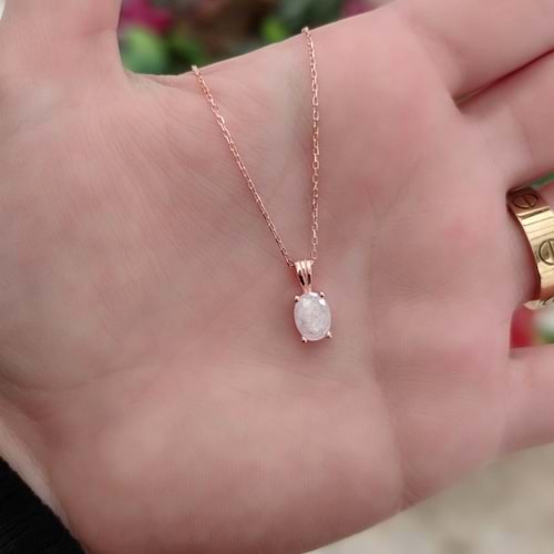 OVAL TEK TAŞ GÜMÜŞ KOLYE - BEYAZ