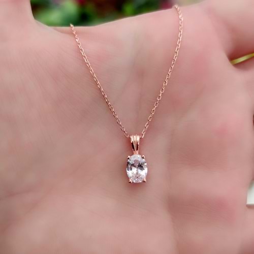 OVAL TEK TAŞ GÜMÜŞ KOLYE - BEYAZ ZİRKON TAŞ