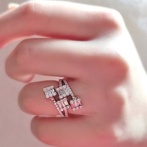 İTHAL DÖRTLÜ BAGET GÜMÜŞ YÜZÜK - RODYUM BEYAZ - 17