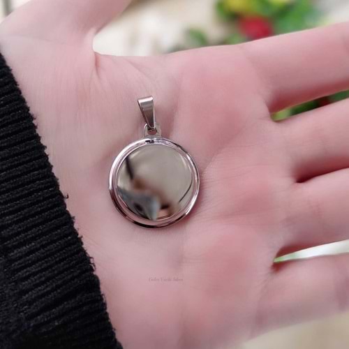 316L ÇELİK YUVARLAK PLAKA KOLYE UCU - RODYUM BEYAZ