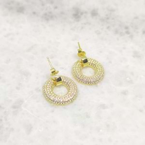 TAŞLI YUVARLAK GÜMÜŞ KÜPE - ALTIN SARI