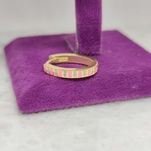 PEMBE MİNELİ ŞERİT GÜMÜŞ TEK HALKA KÜPE - ALTIN SARI