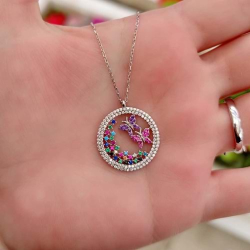 KELEBEKLİ YUVARLAK GÜMÜŞ KOLYE - RODYUM BEYAZ