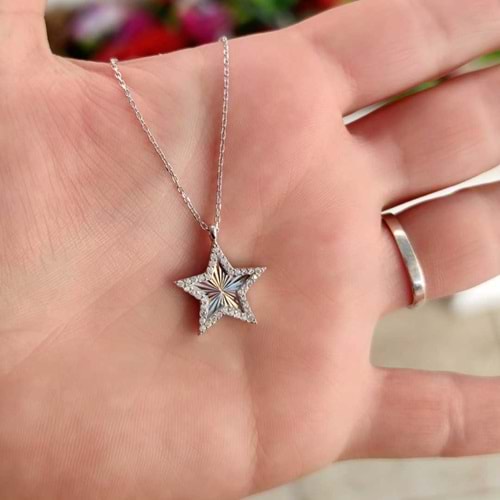 LAZER KALEMLİ YILDIZ GÜMÜŞ KOLYE - RODYUM BEYAZ