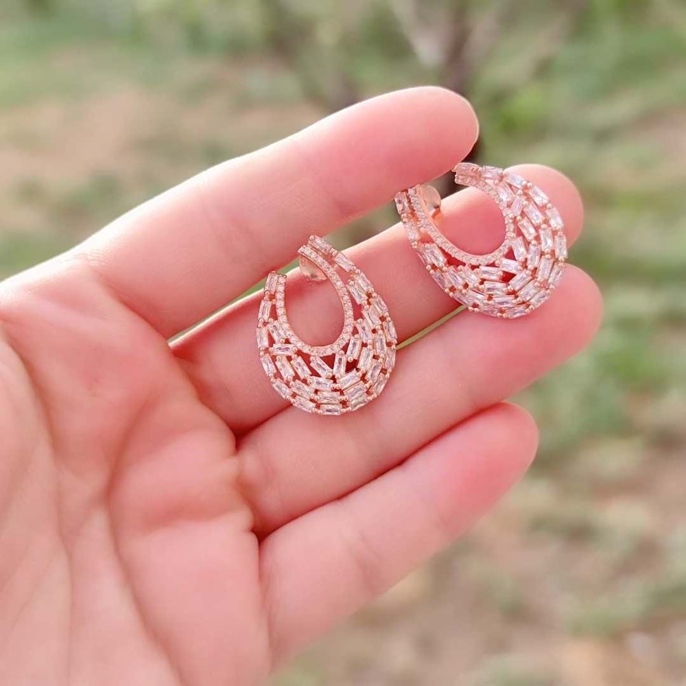 BAGET ZİRKON TAŞ ABİYE GÜMÜŞ KÜPE - ROSE BAKIR