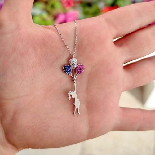 RENKLİ BALON KIZ GÜMÜŞ KOLYE - RODYUM BEYAZ