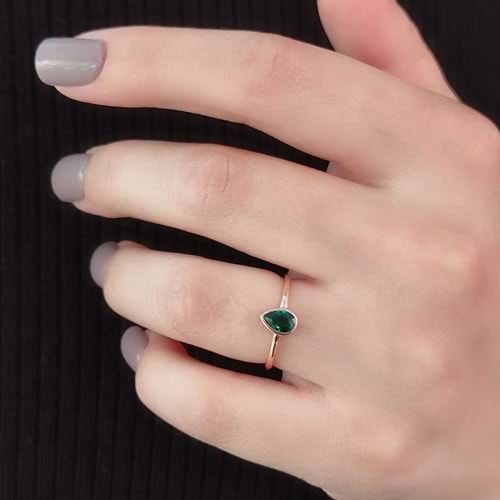 ÇITIR ZÜMRÜT ZİRKON TAŞLI DAMLA GÜMÜŞ YÜZÜK - ROSE BAKIR