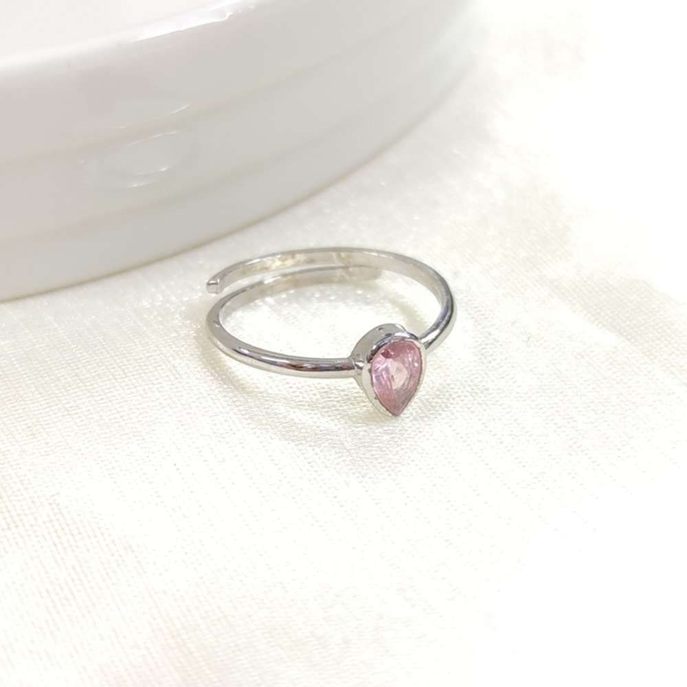 ÇITIR PEMBE TAŞLI DAMLA GÜMÜŞ YÜZÜK - RODYUM BEYAZ