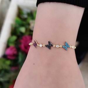 3 RENKLİ TAŞLI KELEBEK GÜMÜŞ BİLEKLİK - ALTIN SARI