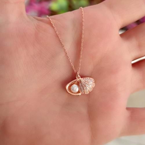 KAPAKLI İNCİLİ İSTİRİDYE DENİZ KABUĞU GÜMÜŞ KOLYE - ROSE BAKIR