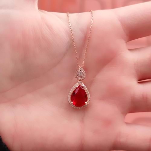 KIRMIZI TAŞLI DAMLA GÜMÜŞ KOLYE - ROSE BAKIR