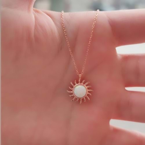 OPAL TAŞLI GÜNEŞ GÜMÜŞ KOLYE - RODYUM BEYAZ