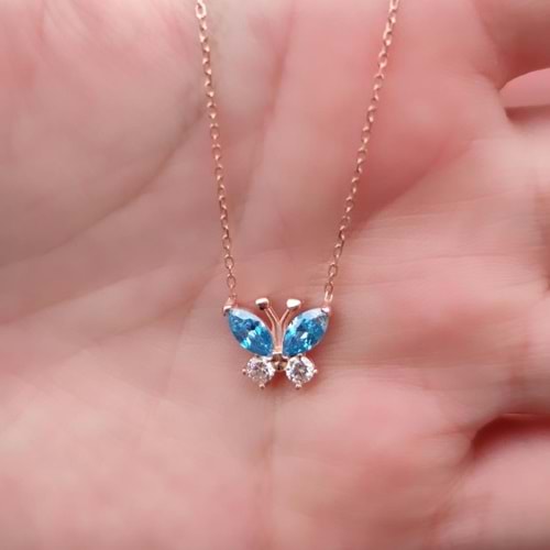 MİNİ RENKLİ TAŞLI KELEBEK GÜMÜŞ KOLYE - MAVİ